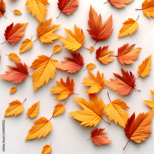 Yellow-orange autumn tree leaves on a white background. Maple leaves, autumn composition. Generative AI