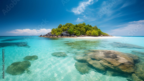 An idyllic tropical island with white sand, surrounded by azure blue water © Milan