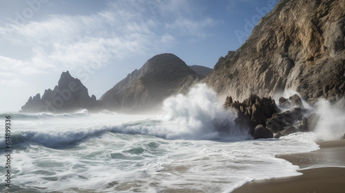 A view of an impressive cliff landscape at the beach, with towering rocks and crashing waves