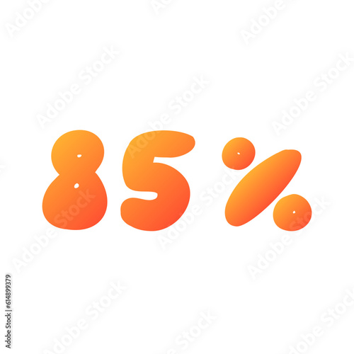 Sale 85 percent off orange discount logo special offer lettering. Vector design illustration in cartoon actual modern style isolated on white background. For discount, menu, seasonal sale, card.