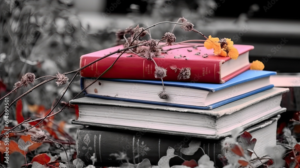 Naklejka premium a pile of books with withered flowers. 