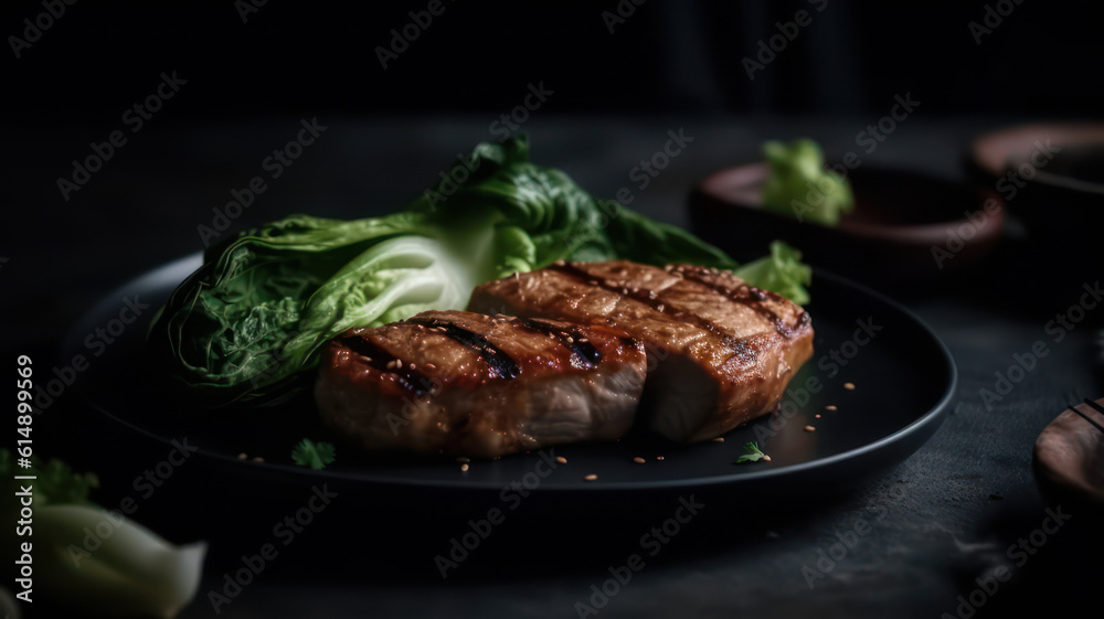 chicken grill meat served with pak choi vegetables on plate. Generative AI chicken grill meat served with pak choi vegetables on plate. Generative AI