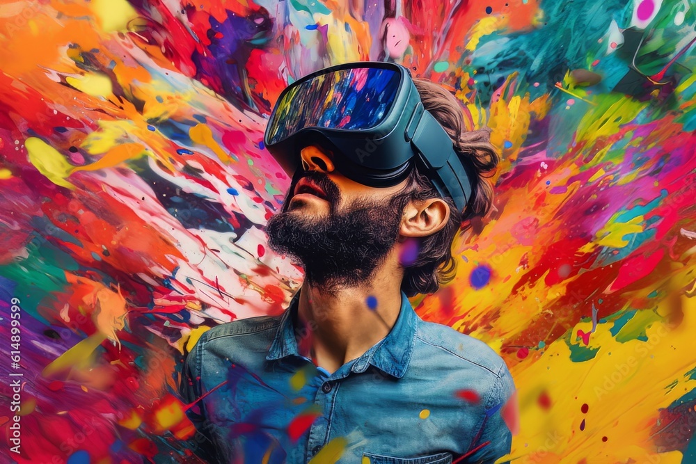 Man with beard face in virtual reality glasses isolated on neon background AI Man with beard face in virtual reality glasses isolated on neon background AI