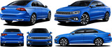 Vector Realistic 3D Isolated Blue Car Sedan with gradients color, in front, back, side and isometric view with manual tracing and high details  