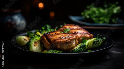 chicken grill meat served with pak choi vegetables on plate. Generative AI