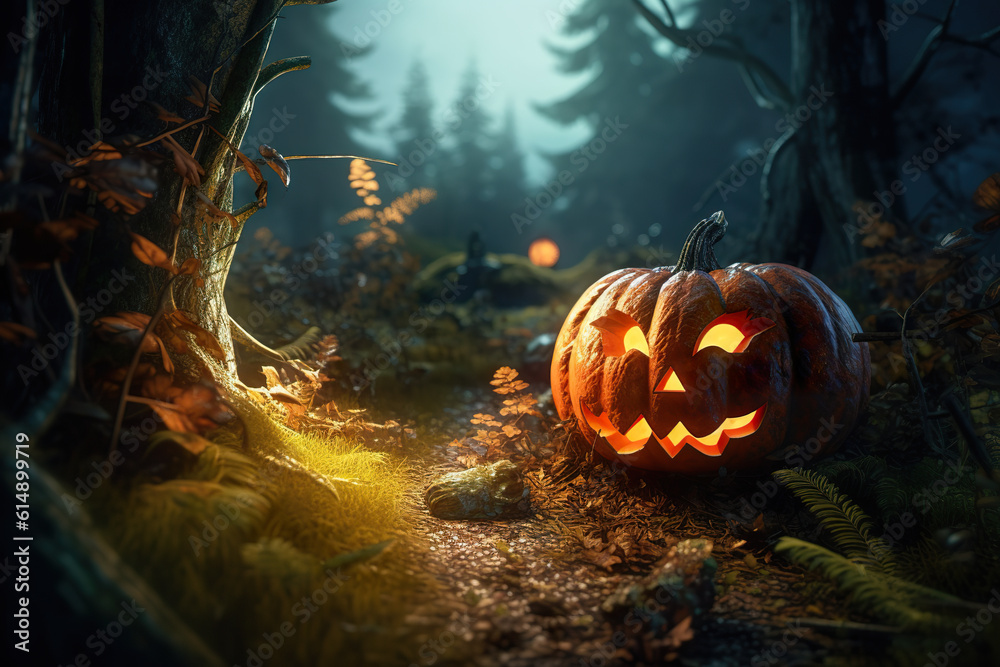 Naklejka premium Spooky pumpkin amidst forest during Halloween season. Halloween pumpkin lies on the ground among autumn leaves. Realistic 3D illustration. Generative AI