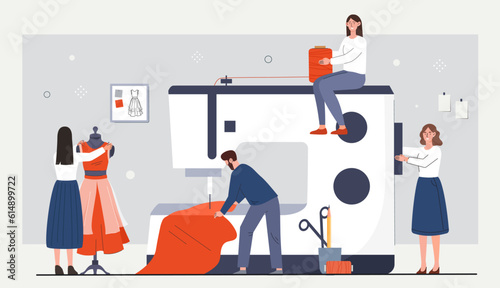 Development clothes concept. Fashion designers, men and women with dress near mannequin. Atelier and handmade, seamstress. Trend and style. Poster or banner. Cartoon flat vector illustration