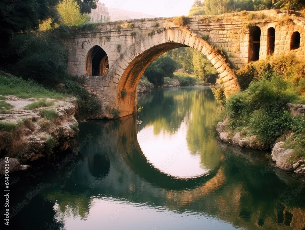 Roman bridge.arch bridge across the river. Monument of ancient Roman architecture. Generative AI Roman bridge.arch bridge across the river. Monument of ancient Roman architecture. Generative AI