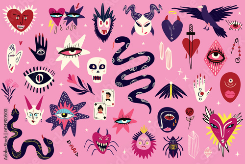 A set of strange charming clipart's with magical mystical esoteric magical Gothic symbols for the Halloween holiday