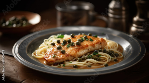 Chicken piccata with spaghetti and capers in sauce on wooden background. Generative AI