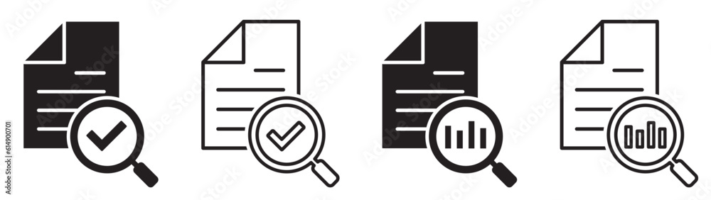 Set of review icon. Audit symbol, document, business concept. Research icon, verification, control. Checklist magnifying assessment. Vector. Set of review icon. Audit symbol, document, business concept. Research icon, verification, control. Checklist magnifying assessment. Vector.