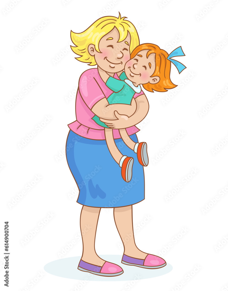 Happy mother holds her little daughter in her hands. They stand embracing. In cartoon style. Isolated on white background. Vector illustration Happy mother holds her little daughter in her hands. They stand embracing. In cartoon style. Isolated on white background. Vector illustration