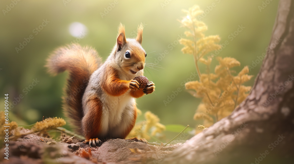 Squirrel in autumn portrait of squirrel yellow park with fallen leaves. Red squirrel on a tree stump with nuts. Realistic 3D illustration. Generative AI Squirrel in autumn portrait of squirrel yellow park with fallen leaves. Red squirrel on a tree stump with nuts. Realistic 3D illustration. Generative AI