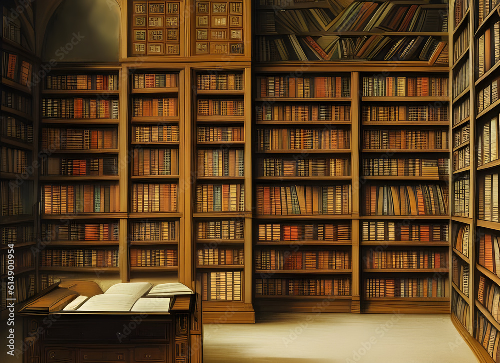 old-fashioned library room with books stacked on shelves and on open on a desk old-fashioned library room with books stacked on shelves and on open on a desk