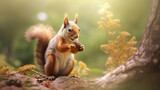 Squirrel in autumn portrait of squirrel yellow park with fallen leaves. Red squirrel on a tree stump with nuts. Realistic 3D illustration. Generative AI