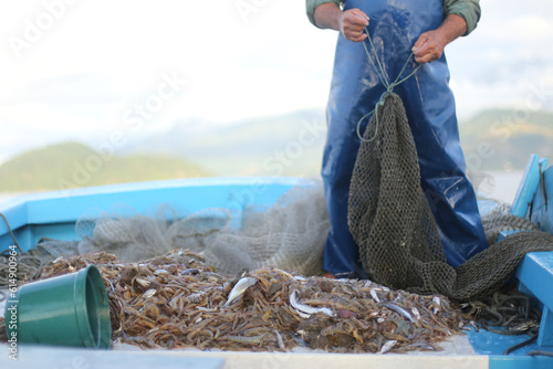  Uma cena cotidiana na comunidade caiçara de Paraty, onde um pescador segura sua rede de arrasto com orgulho, exibindo os camarões recém-pescados. Essa imagem retrata a atividade pesqueira tradicional photo