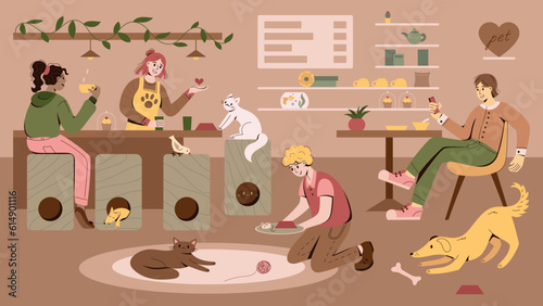 Pet friendly cafe or restaurant with people visitors, dogs, cats and other animals. Vector flat characters illustrations for web design