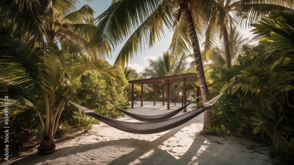 A secluded hammock between two palm trees, inviting relaxation