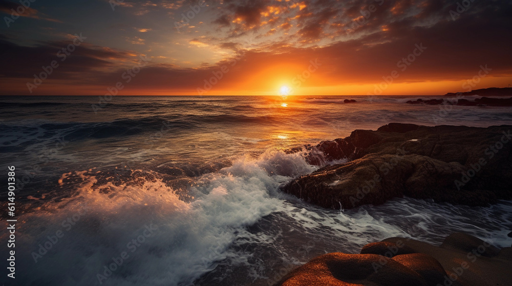 Fototapeta premium Breathtaking sunset over the ocean, with vibrant colors on the horizon