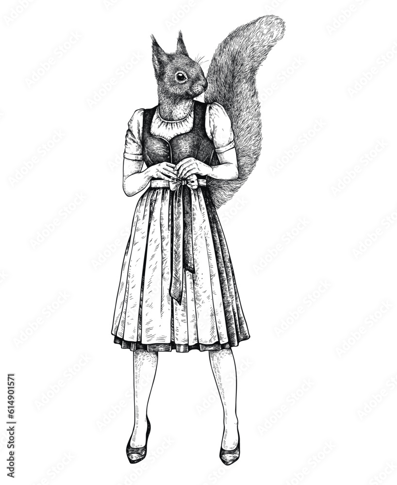 Fototapeta premium Vector hand drawn Squirrel like a woman in national cloth. Ink engraved style