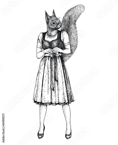 Vector hand drawn Squirrel like a woman in national cloth. Ink engraved style