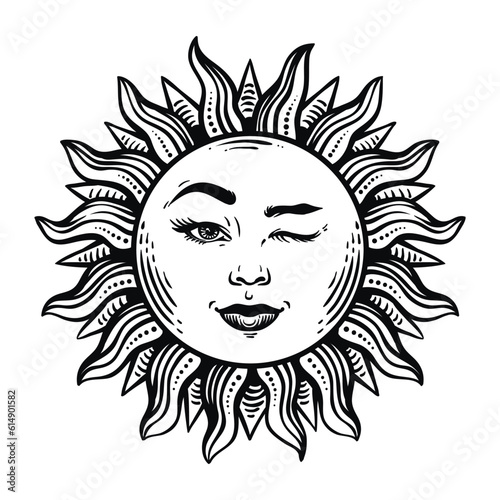 Happy smiling winking vintage sun, engraved art. Ink vector style