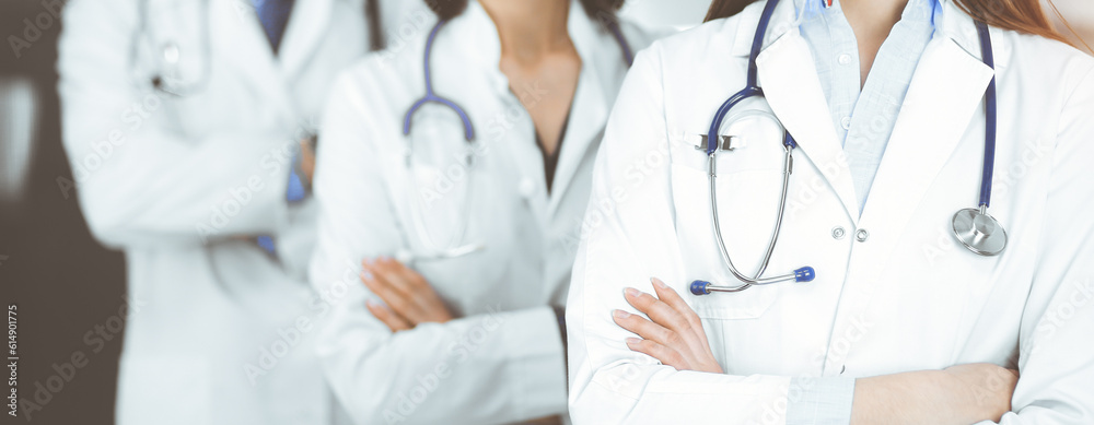 Group of professional doctors is standing as a team with arms crossed in sunny clinic. Medicine concept during Coronavirus pandemic. Covid-2019 Group of professional doctors is standing as a team with arms crossed in sunny clinic. Medicine concept during Coronavirus pandemic. Covid-2019