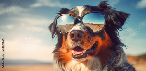 australian shepherd at the beach wearing sunglasses Generative AI © SKIMP Art