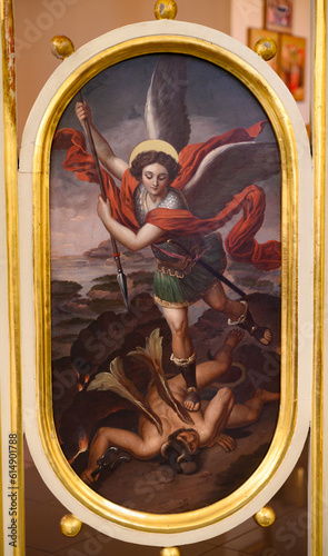 An Icon of Saint Michael the Archangel defeating the Devil. The Greek-Catholic Church of the Dormition of the Mother of God in Čemerné, Slovakia. 2023/02/05.