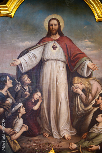 A painting of the Most Sacred Heart of Jesus; Jesus with children. The Greek-Catholic Church of the Dormition of the Mother of God in Čemerné, Slovakia. 2023/02/05.