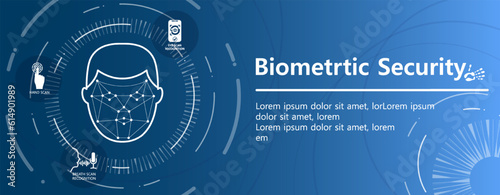 Biometrics security poster. Graphic element, verification and authentication. Login to profile and account. Innovations, modern technologies and digital world. Cartoon flat vector illustration