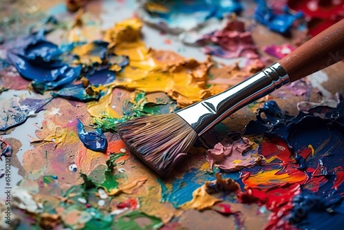 Detail of a brush giving brushstrokes of many colors on a palette.