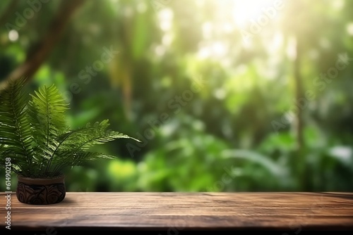 Empty wooden table for product display with blurred jungle background. Ai generative