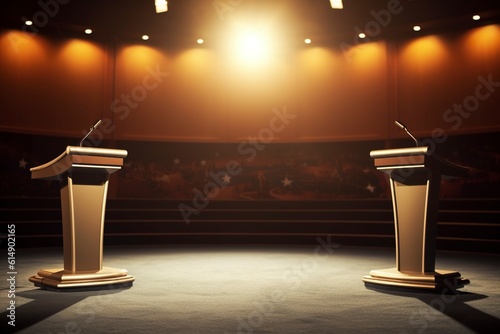 Empowering Democracy, A set with two empty lecterns awaits passionate debates in the political arena. AI Generated