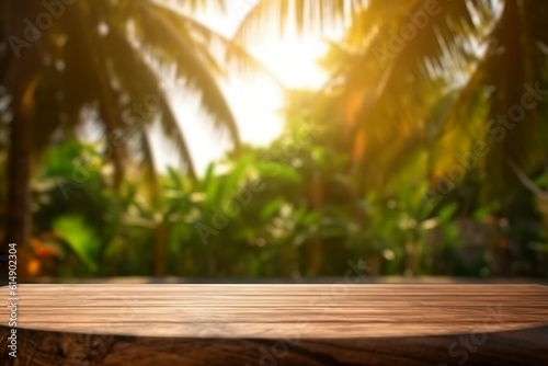 Empty wooden table for product display with blurred tropical background. Ai generative