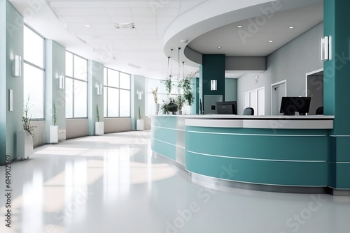 Empty contemporary white turquoise hospital reception room. Ai generative