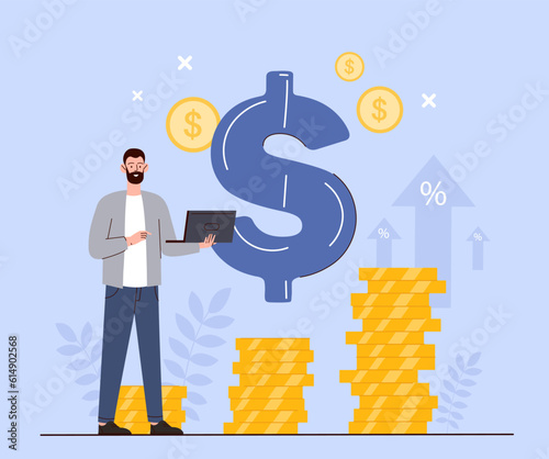 Value of money. Young guy stands next to stacks of gold coins against background of dollar sign. Financial literacy and economics. Investing and trading concept. Cartoon flat vector illustration