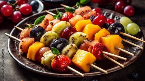 A platter of refreshing fruit kebabs  featuring a variety of colorful fruits threaded onto skewers 
