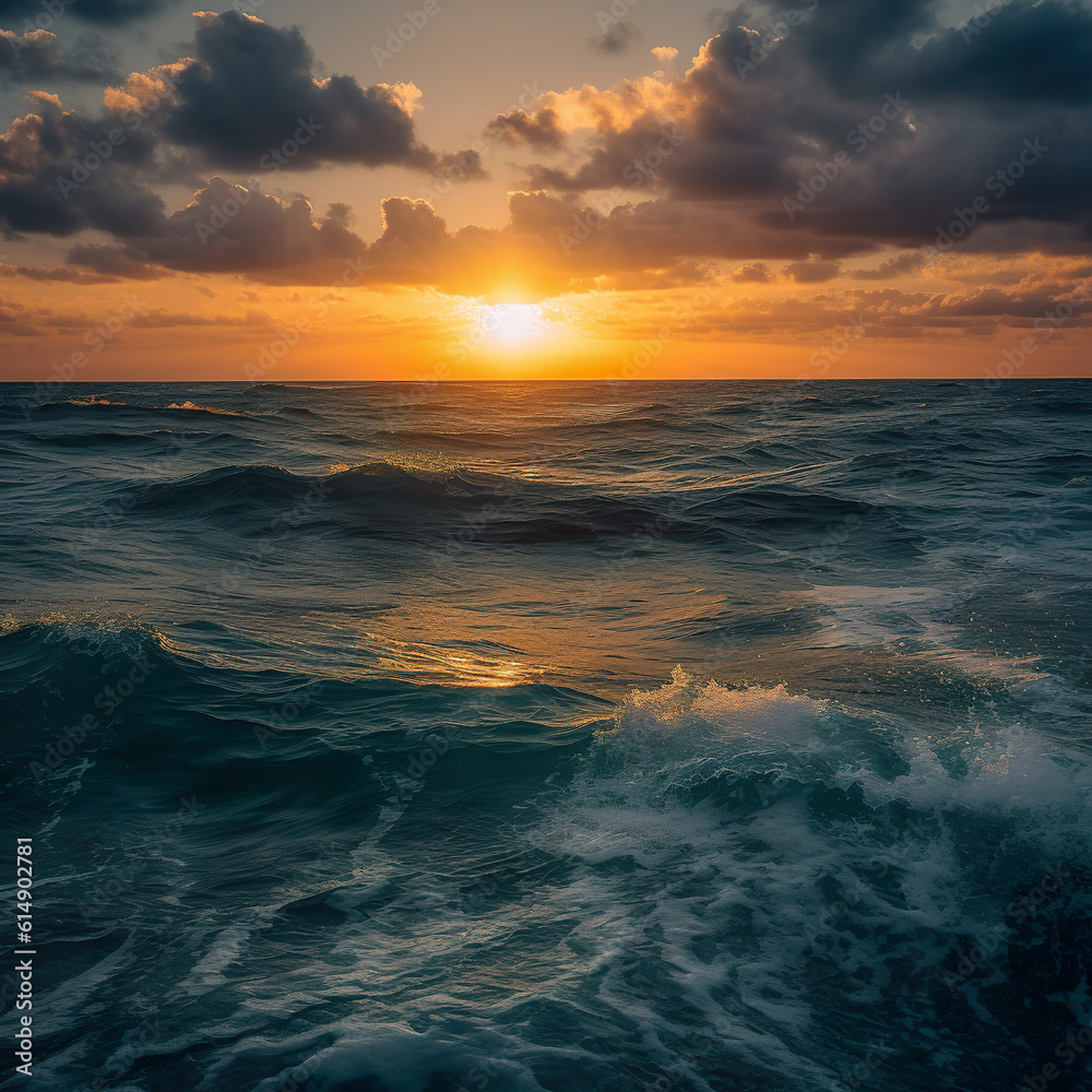 Obraz premium Beautiful sunset on the sea with waves and sun in the sky. Sunset on the sea. Colorful red sunset and bright sun on the horizon of the ocean beach. Generative AI