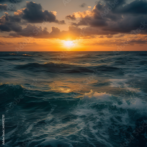 Beautiful sunset on the sea with waves and sun in the sky. Sunset on the sea. Colorful red sunset and bright sun on the horizon of the ocean beach. Generative AI