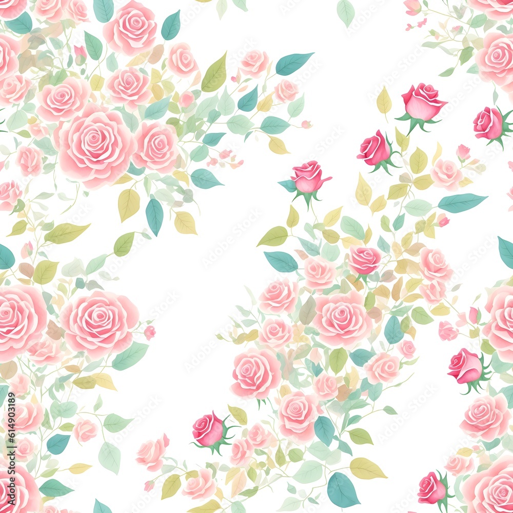 Elegant pattern of rose flowers isolated in a solid background great for textile print, background, handmade card design, invitations, wallpaper, packaging, interior or fashion designs. Generative AI.