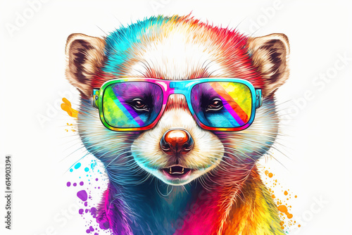 Cartoon colorful ferret with sunglasses on white background. Created with generative AI