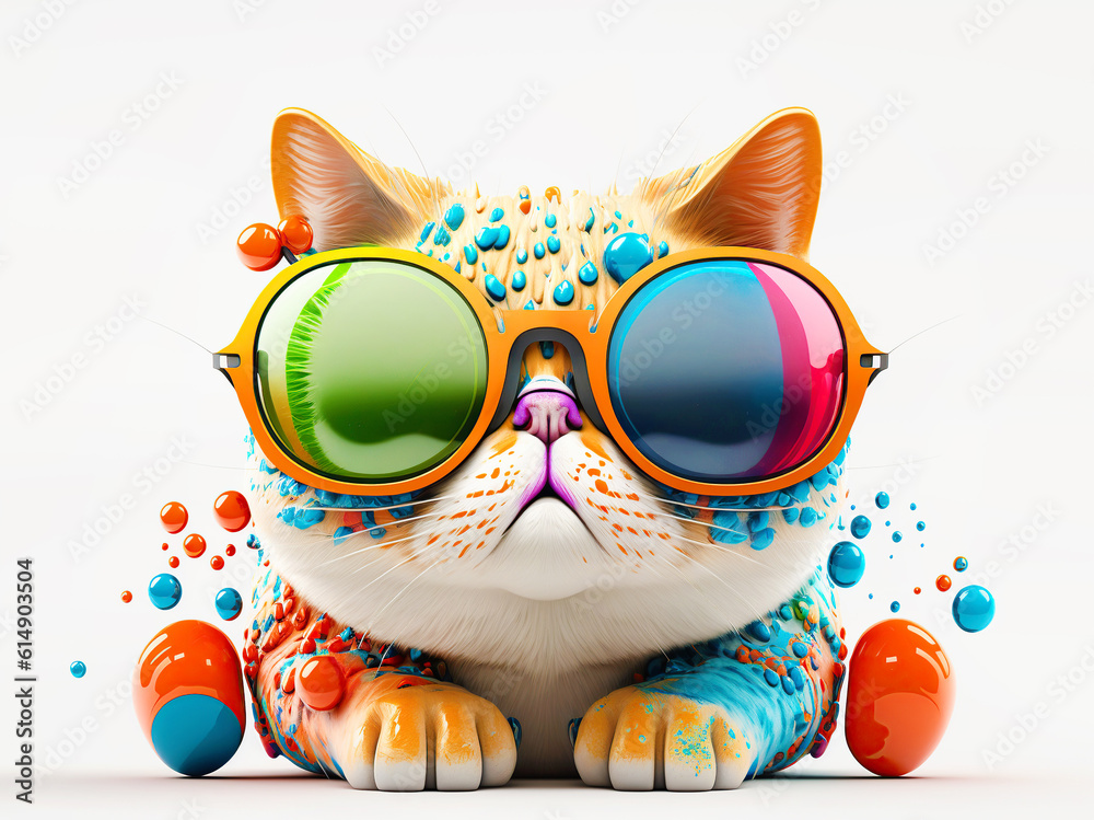 Cartoon colorful cat with sunglasses on white background. Created with generative AI