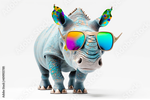 Tela Cartoon colorful rhinoceros with sunglasses on white background