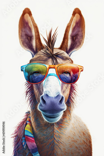 donkey in sunglasses, white background, colorful donkey