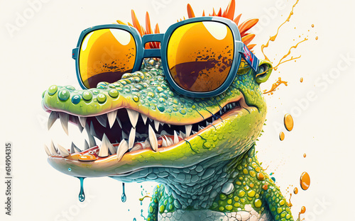 Cartoon colorful crocodile, alligator with sunglasses on white background. Created with generative AI photo
