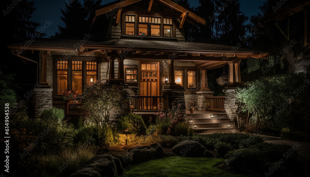 A rustic bungalow with illuminated porch, surrounded by nature beauty generated by AI