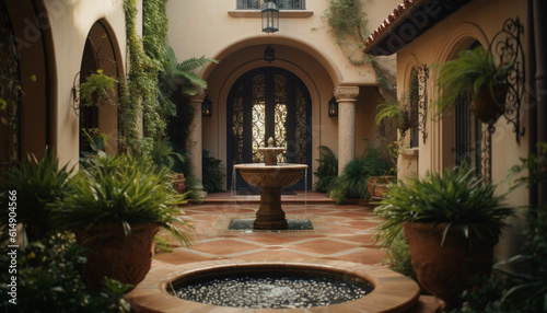 Luxury patio design with arch, stone material, and greenery decoration generated by AI