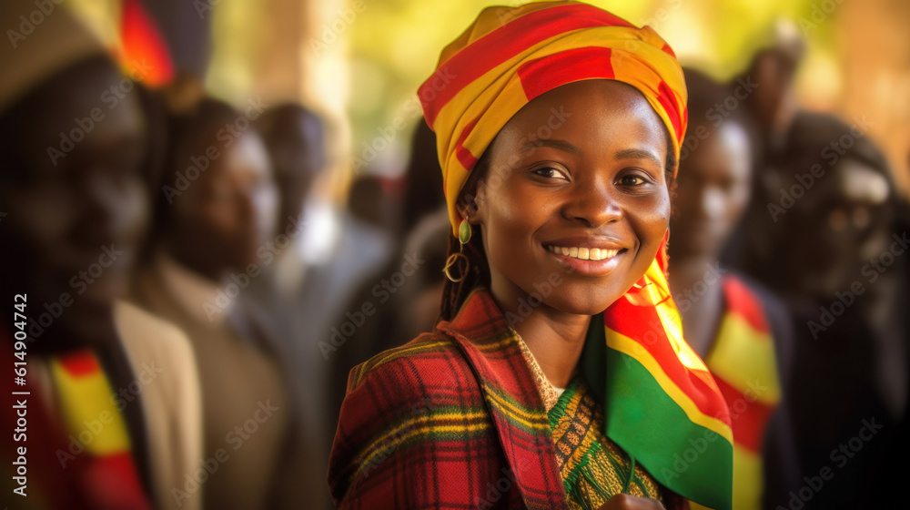 Elections in Zimbabwe. Portrait smiling and attractive young african girl in a bright scarf on his head stands at a polling station. People in the background. The concept of elections in Africa Elections in Zimbabwe. Portrait smiling and attractive young african girl in a bright scarf on his head stands at a polling station. People in the background. The concept of elections in Africa