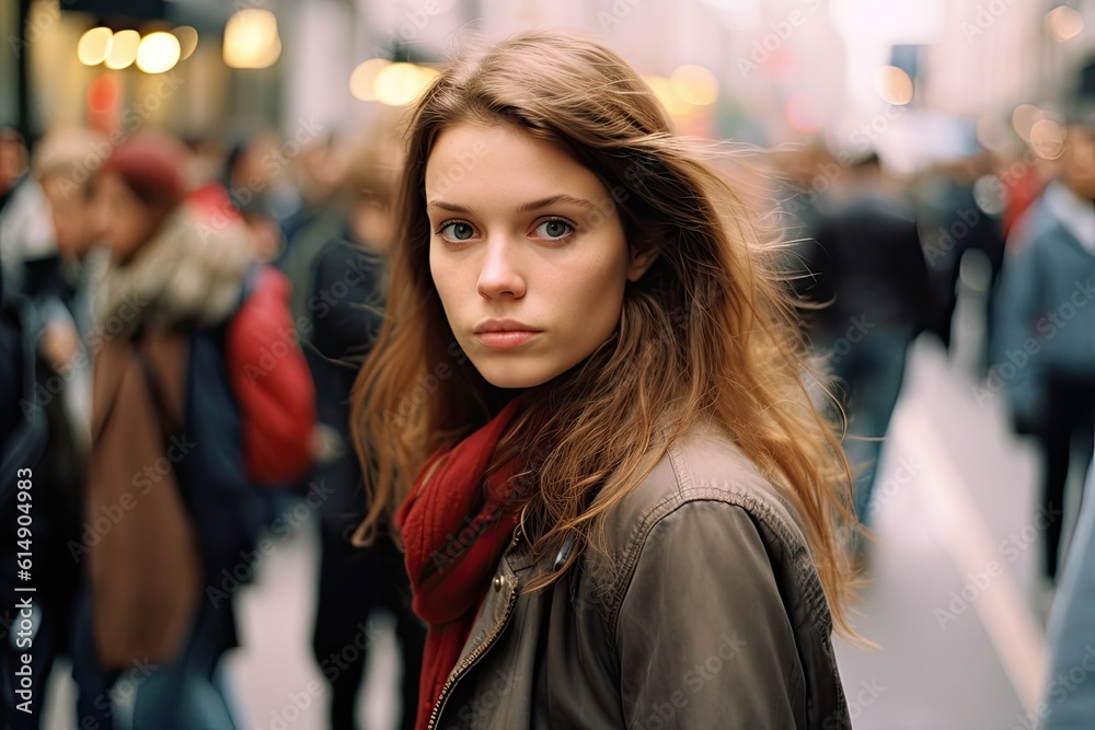 Serious attractive young woman posing in a crowded sidewalk Serious attractive young woman posing in a crowded sidewalk